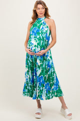Blue Floral Satin Pleated Halter Neck Maternity Midi Dress