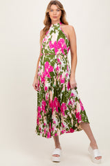 Fuchsia Floral Satin Pleated Halter Neck Maternity Midi Dress
