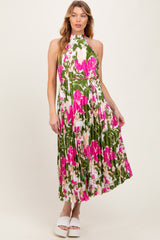 Fuchsia Floral Satin Pleated Halter Neck Maternity Midi Dress