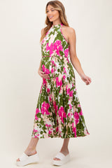 Fuchsia Floral Satin Pleated Halter Neck Maternity Midi Dress