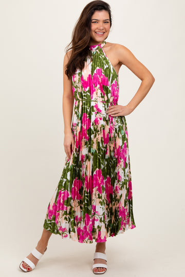 Fuchsia Floral Satin Pleated Halter Neck Midi Dress