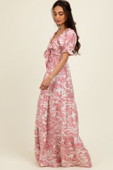 Pink Tropical Print Smocked Front Tie Maternity Maxi Dress