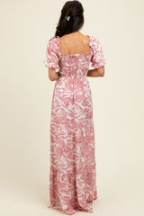 Pink Tropical Print Smocked Front Tie Maxi Dress