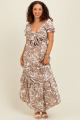 Taupe Tropical Print Smocked Front Tie Maternity Maxi Dress