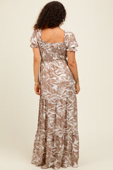 Taupe Tropical Print Smocked Front Tie Maternity Maxi Dress
