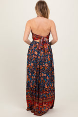 Navy Floral Colorblock Halter Tie Back Maxi Dress