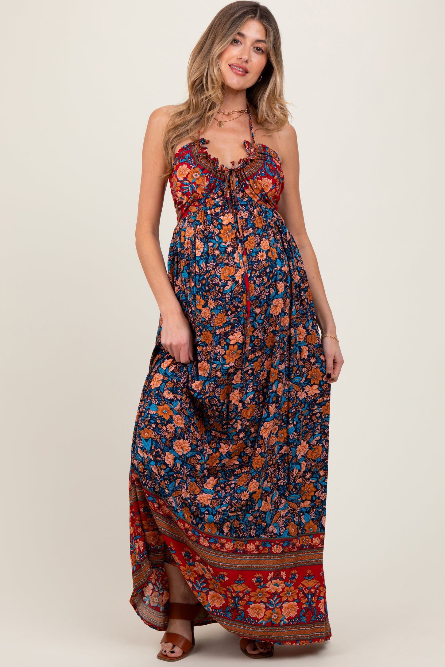 Navy Floral Colorblock Halter Tie Back Maternity Maxi Dress
