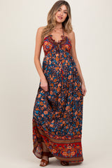 Navy Floral Colorblock Halter Tie Back Maternity Maxi Dress