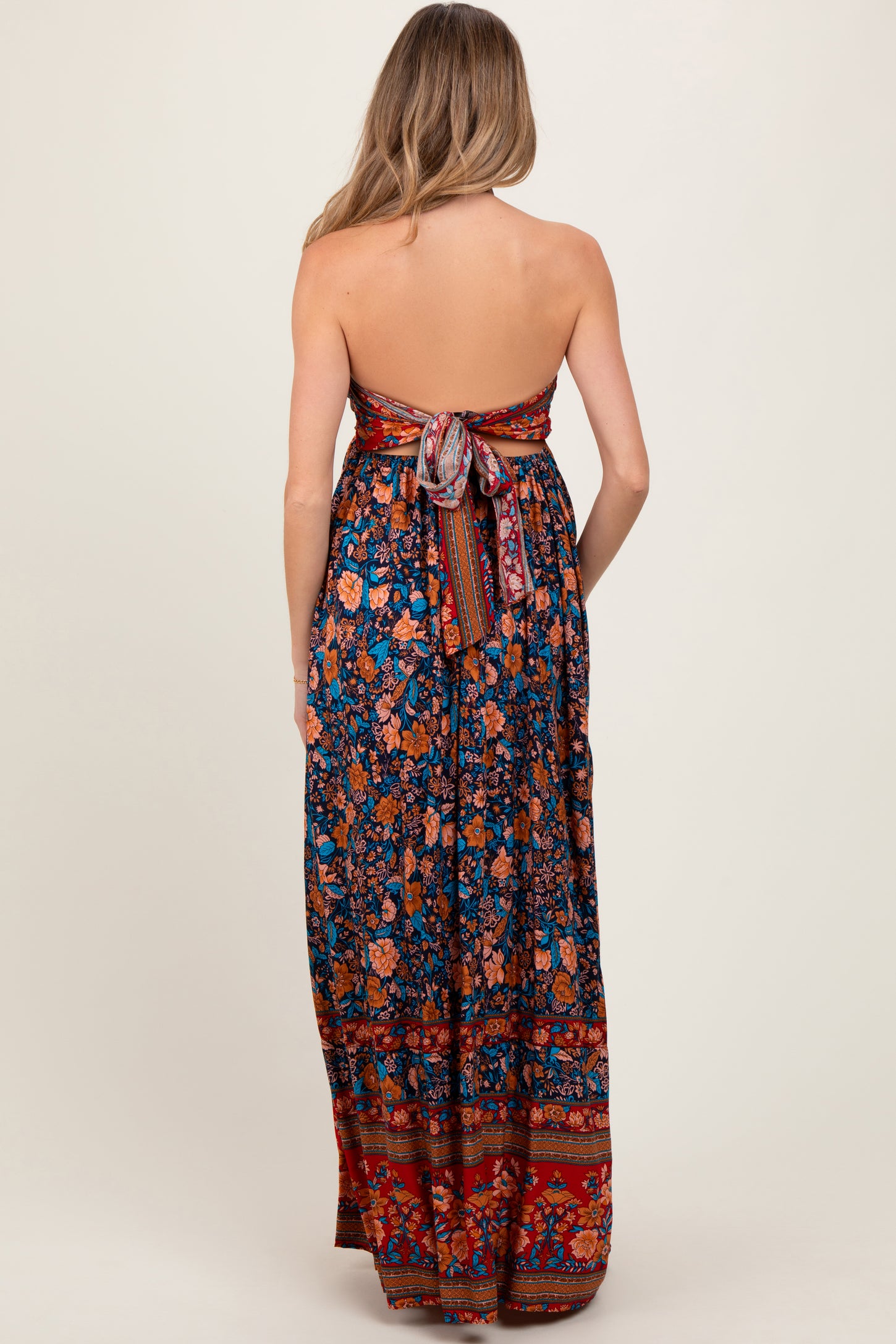 Navy Floral Colorblock Halter Tie Back Maternity Maxi Dress