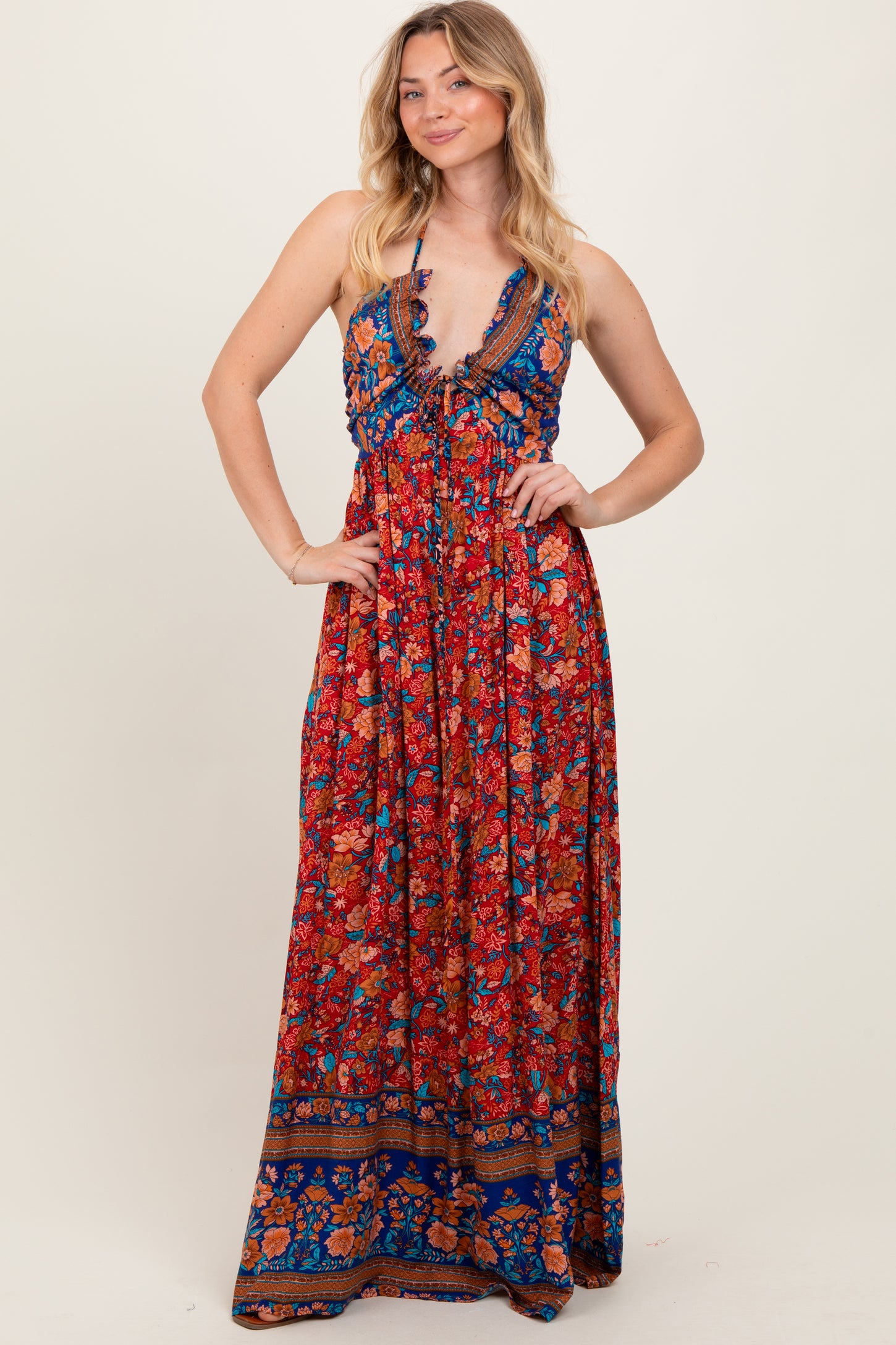 Rust Floral Colorblock Halter Tie Back Maternity Maxi Dress