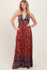 Rust Floral Colorblock Halter Tie Back Maternity Maxi Dress
