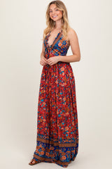 Rust Floral Colorblock Halter Tie Back Maxi Dress