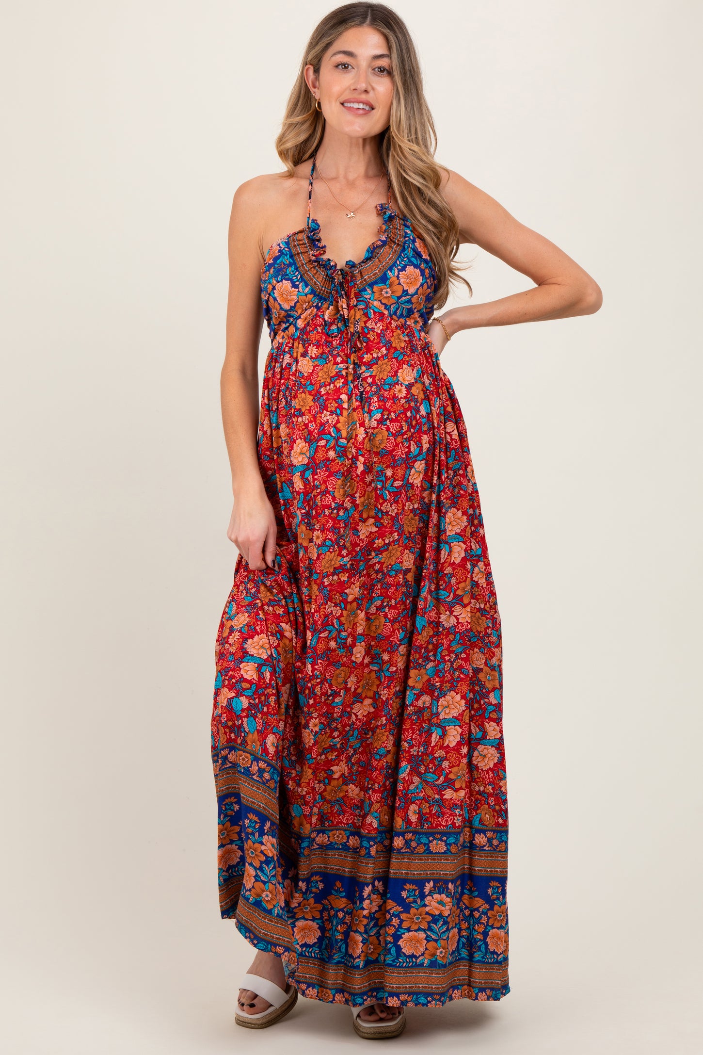 Rust Floral Colorblock Halter Tie Back Maternity Maxi Dress