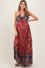 Rust Floral Colorblock Halter Tie Back Maternity Maxi Dress