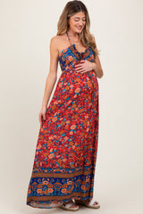 Rust Floral Colorblock Halter Tie Back Maternity Maxi Dress