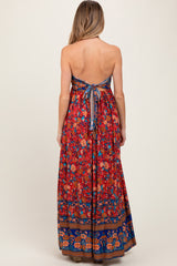 Rust Floral Colorblock Halter Tie Back Maternity Maxi Dress