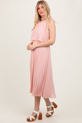 Pink Pleated Woven Midi Dress