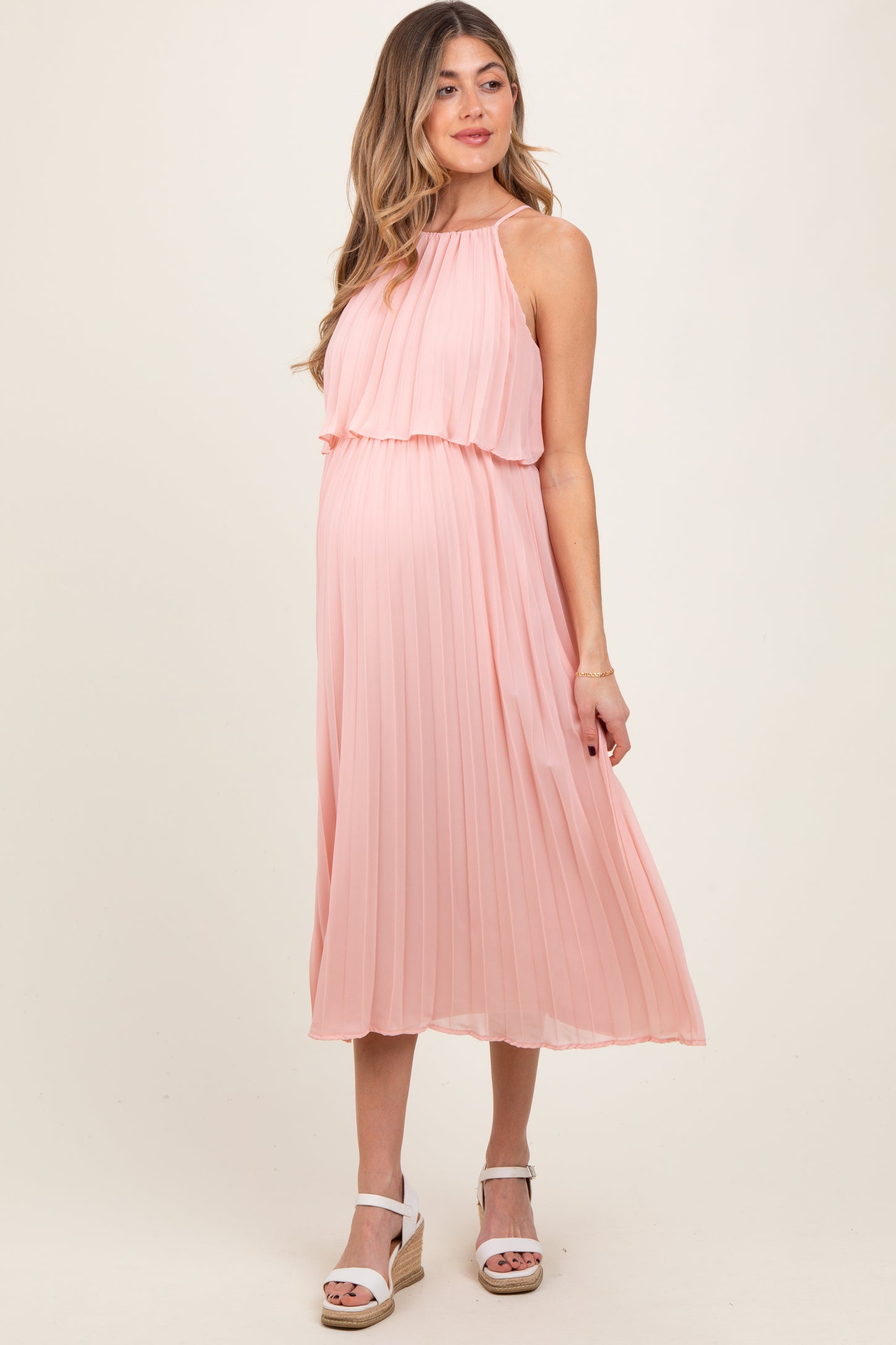 Pink Pleated Woven Maternity Midi Dress