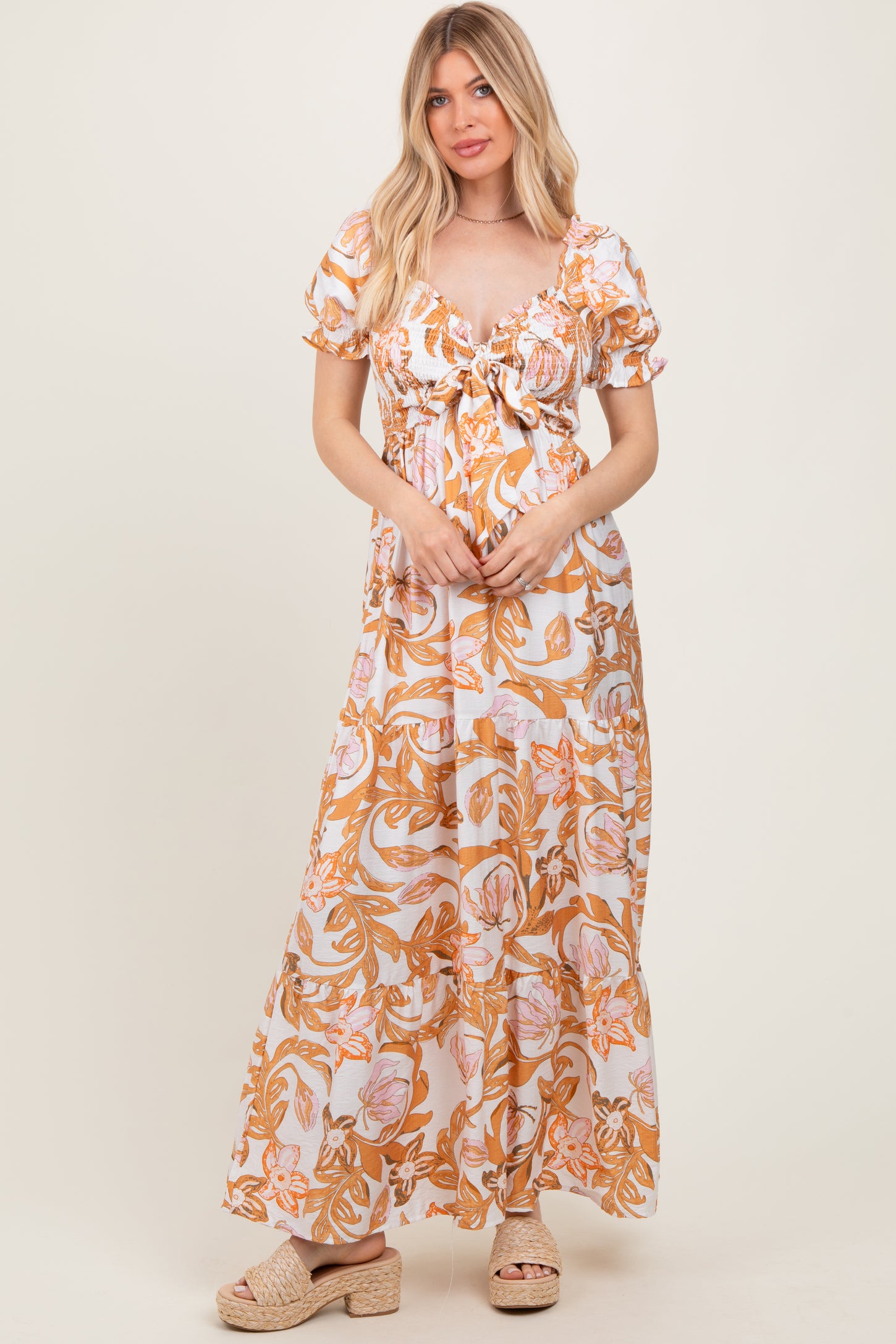 Taupe Floral Smocked Front Tie Maxi Dress