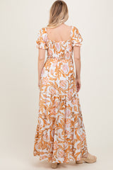 Taupe Floral Smocked Front Tie Maxi Dress