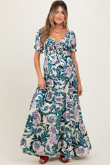 Teal Floral Smocked Front Tie Maternity Maxi Dress