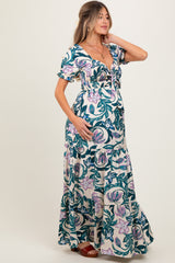 Teal Floral Smocked Front Tie Maternity Maxi Dress