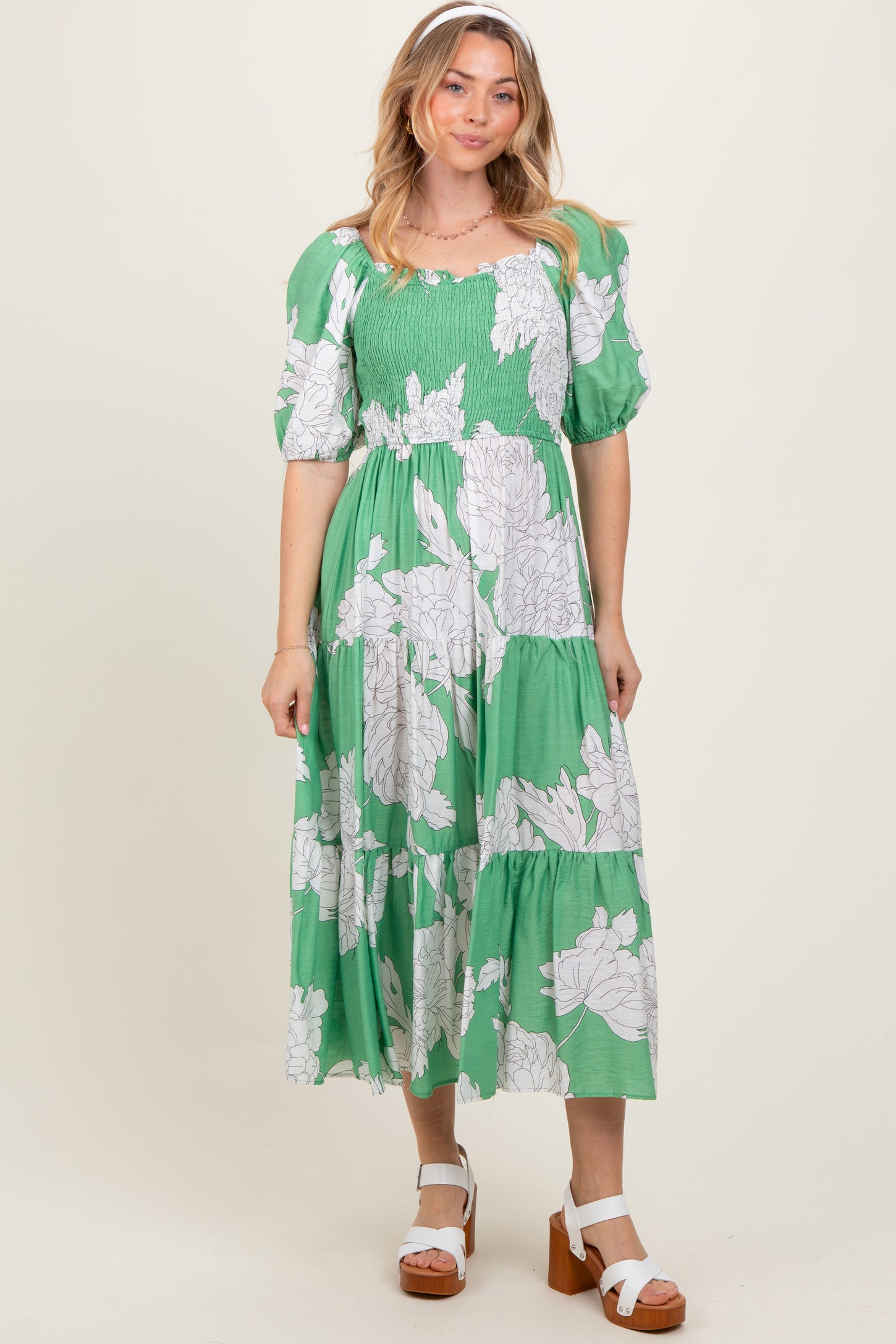 Green Floral Smocked Front Tie Cutout Maternity Maxi Dress
