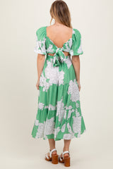 Green Floral Smocked Front Tie Cutout Maxi Dress