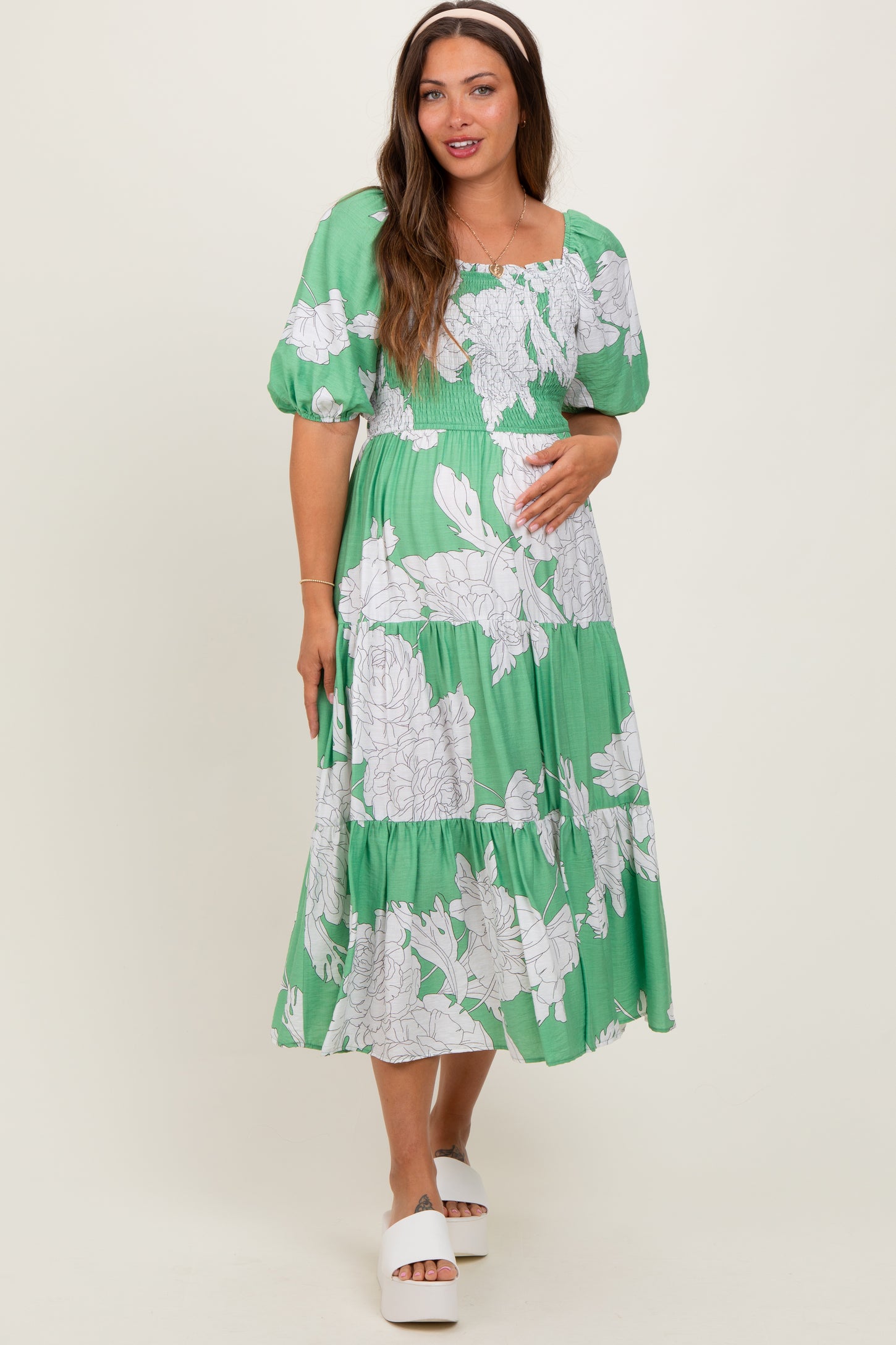 Green Floral Smocked Front Tie Cutout Maternity Maxi Dress