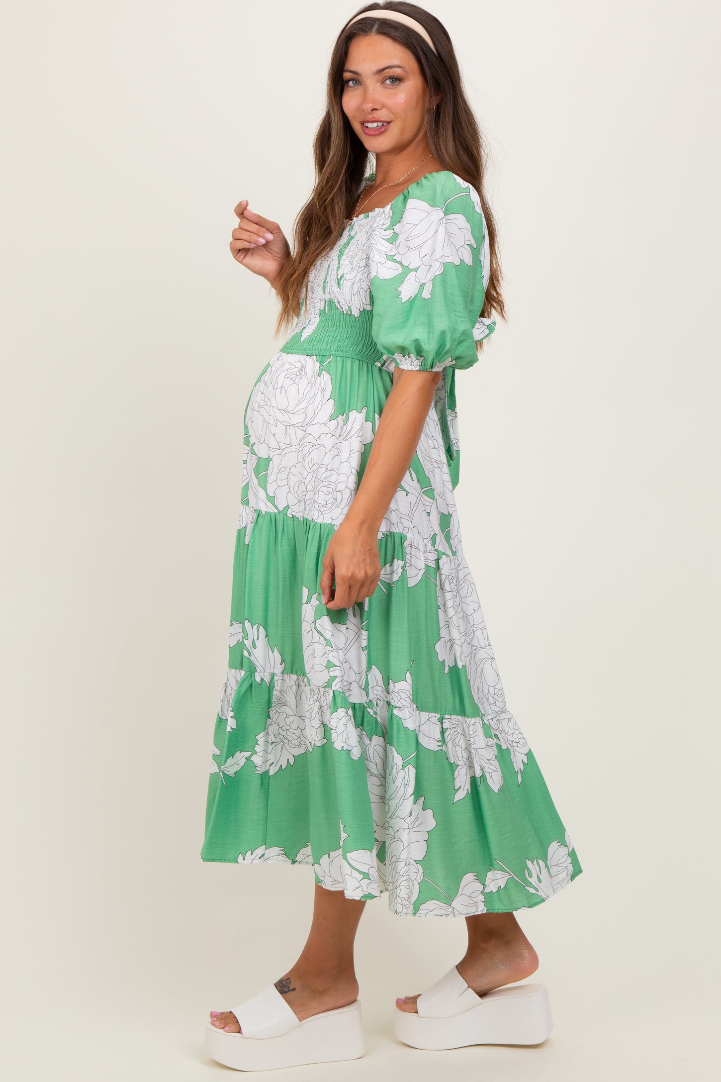 Green Floral Smocked Front Tie Cutout Maternity Maxi Dress