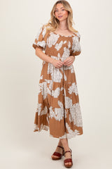 Mocha Floral Smocked Front Tie Cutout Maternity Maxi Dress