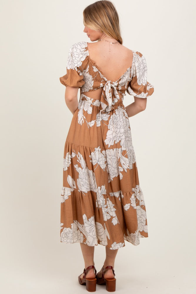 Mocha Floral Smocked Front Tie Cutout Maxi Dress