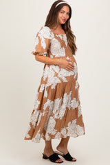 Mocha Floral Smocked Front Tie Cutout Maternity Maxi Dress