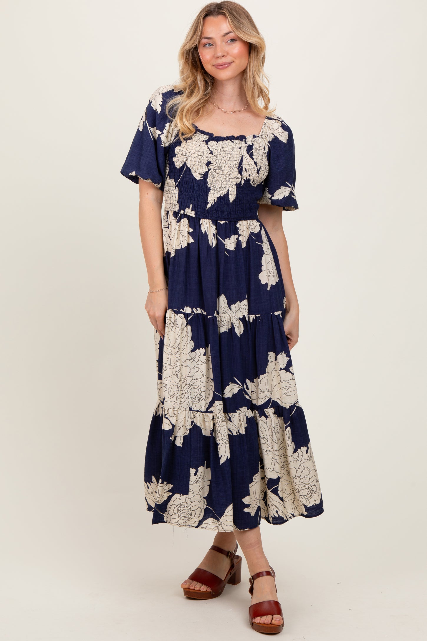 Navy Floral Smocked Front Tie Cutout Maxi Dress