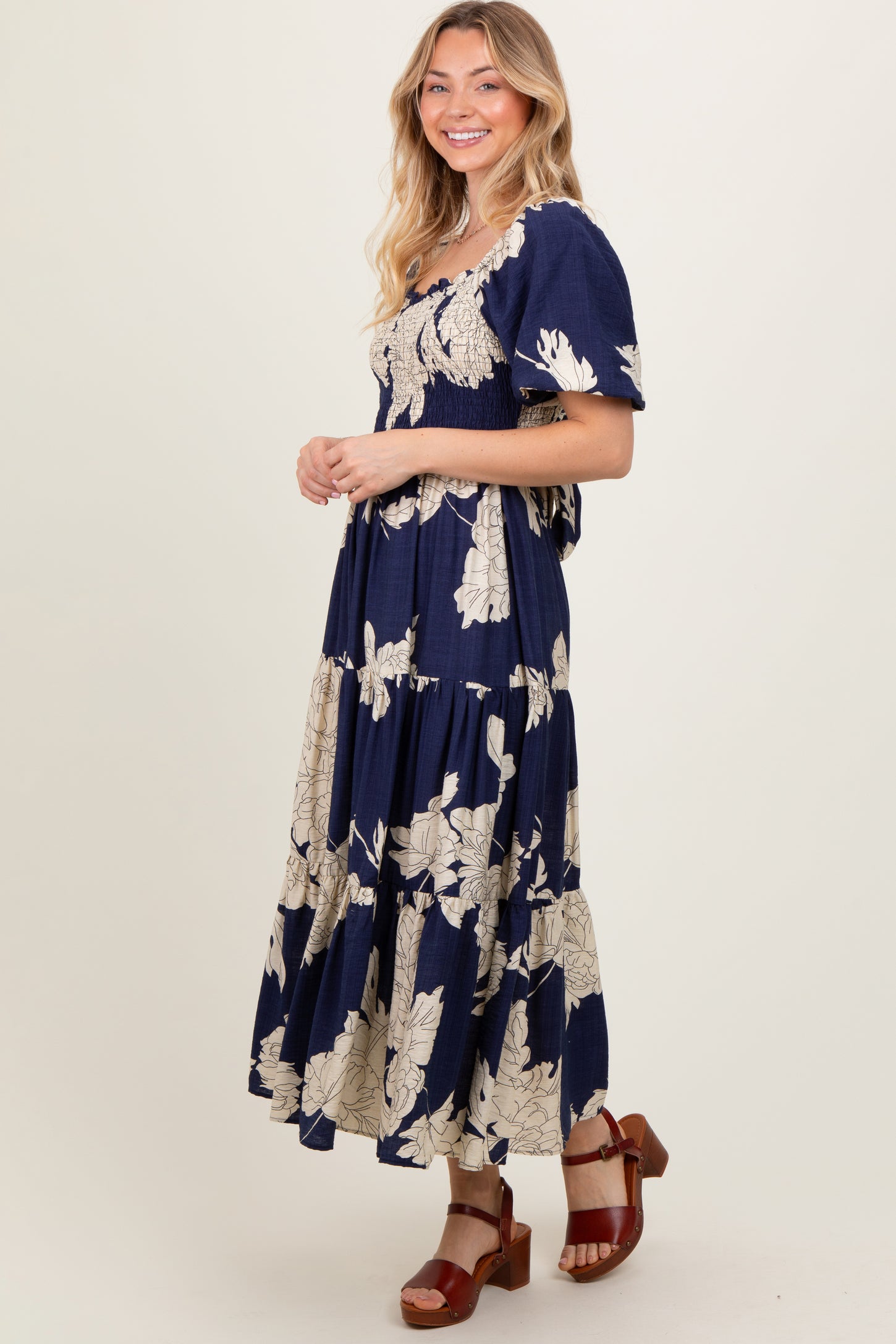 Navy Floral Smocked Front Tie Cutout Maxi Dress