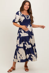 Navy Floral Smocked Front Tie Cutout Maternity Maxi Dress