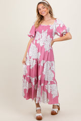 Pink Floral Smocked Front Tie Cutout Maternity Maxi Dress