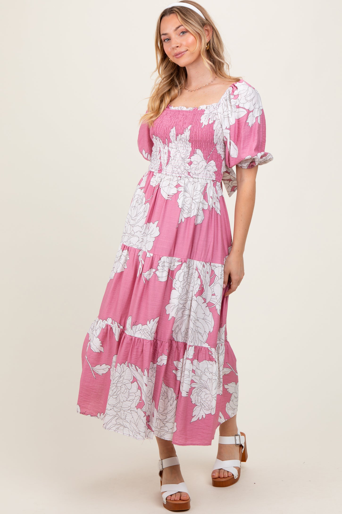 Pink Floral Smocked Front Tie Cutout Maxi Dress