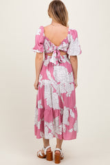 Pink Floral Smocked Front Tie Cutout Maxi Dress