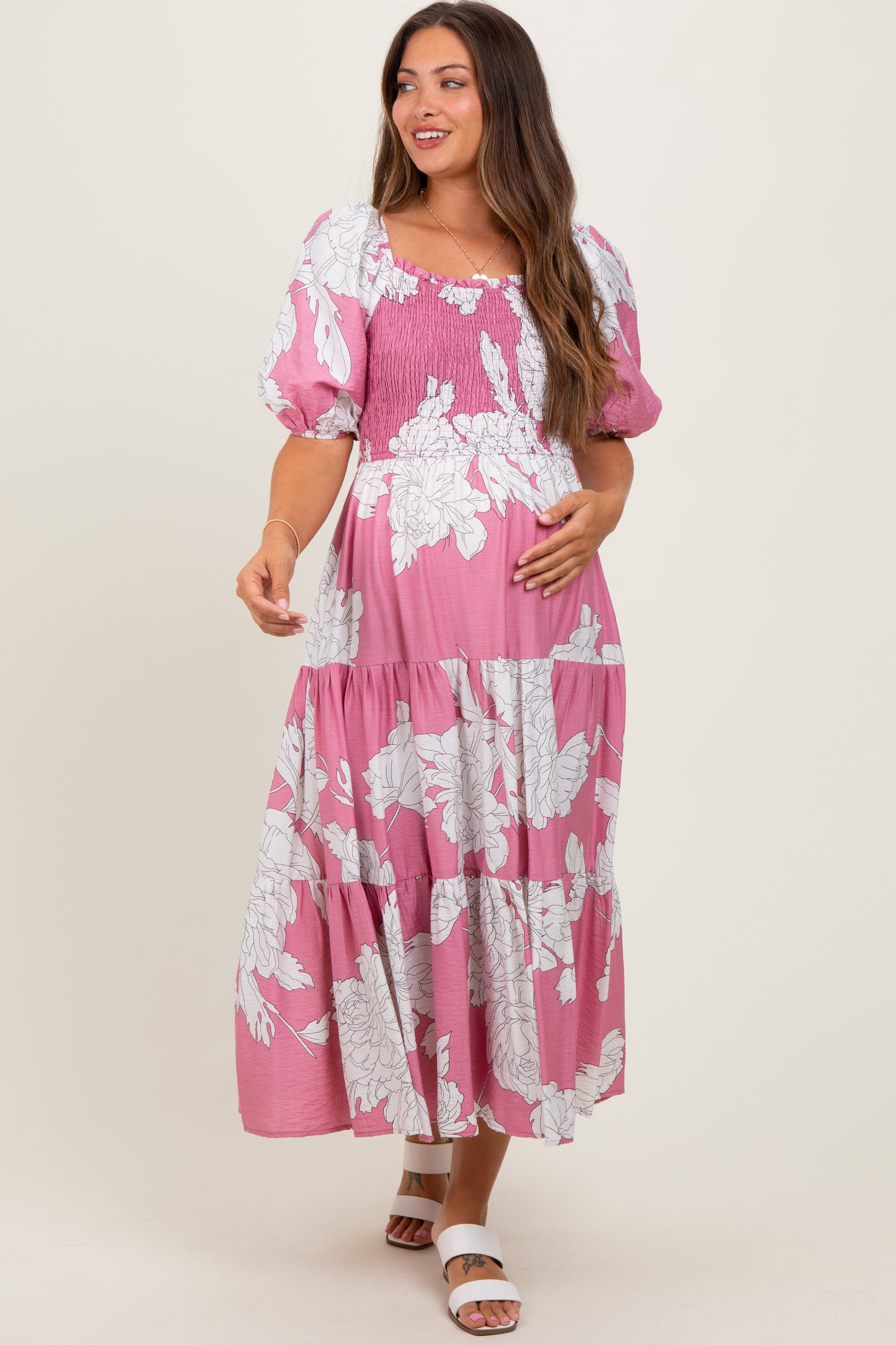 Pink Floral Smocked Front Tie Cutout Maternity Maxi Dress