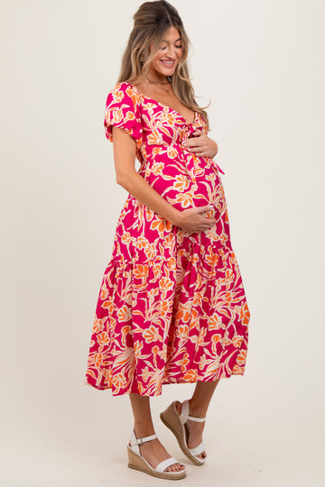 Coral Floral Front Tie Maternity Midi Dress