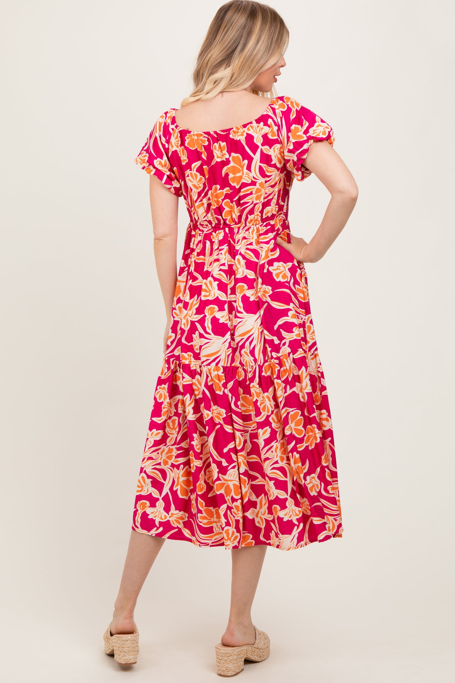 Coral Floral Front Tie Midi Dress