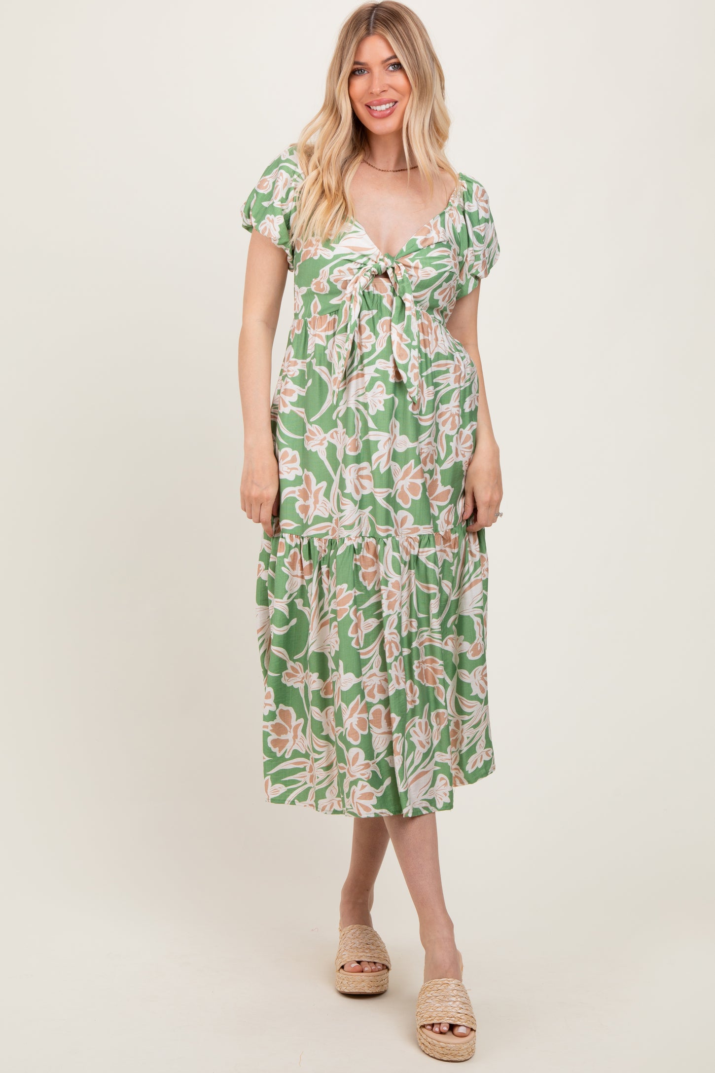 Green Floral Front Tie Midi Dress