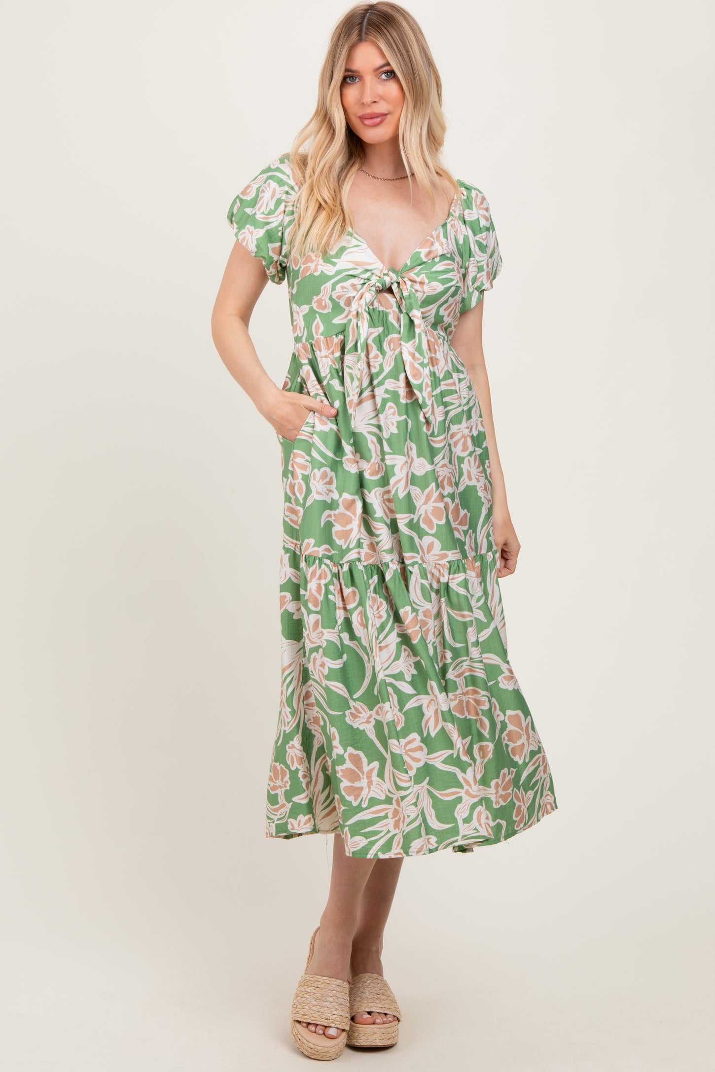 Green Floral Front Tie Midi Dress