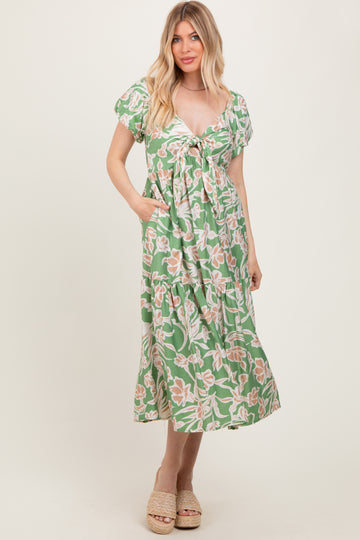Green Floral Front Tie Midi Dress