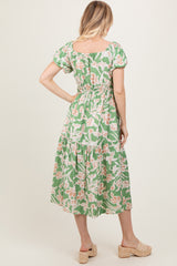 Green Floral Front Tie Midi Dress