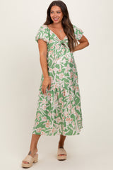 Green Floral Front Tie Maternity Midi Dress