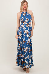 Blue Floral Halter Side Cutout Maternity Maxi Dress