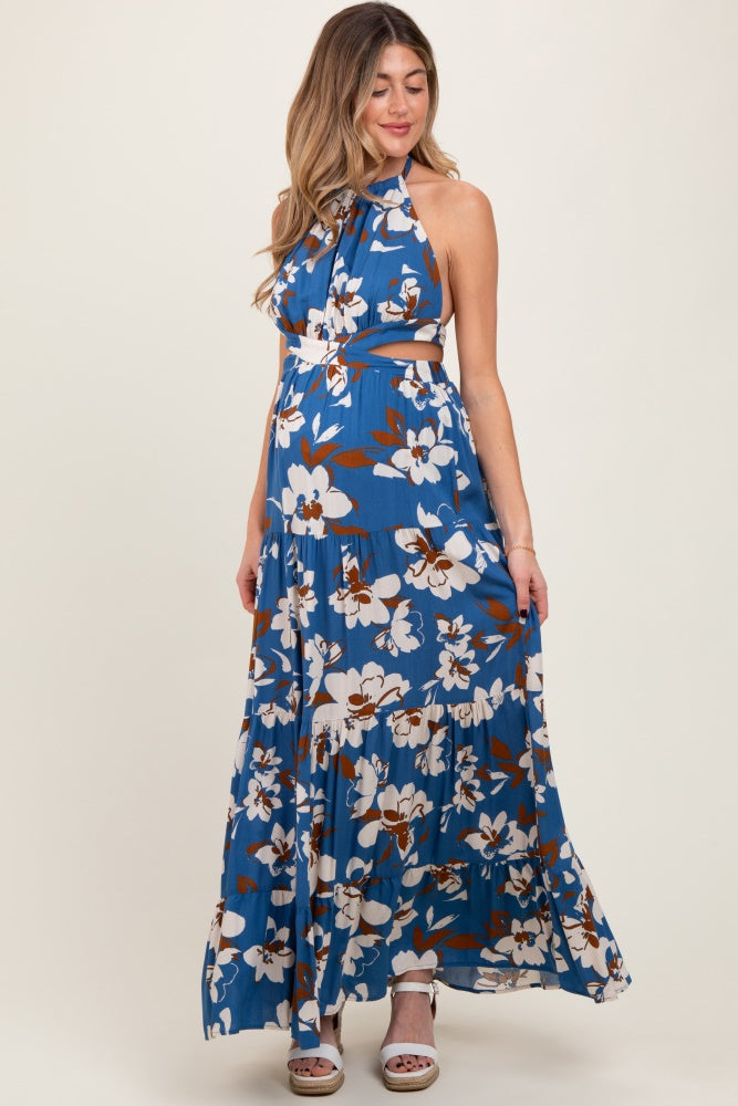 Blue Floral Halter Side Cutout Maternity Maxi Dress