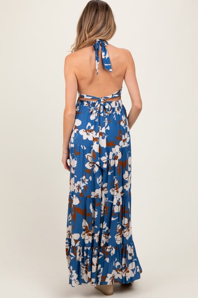 Blue Floral Halter Side Cutout Maternity Maxi Dress